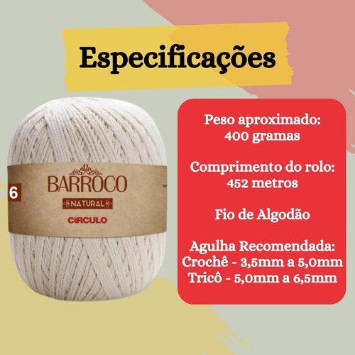 Barbante Barroco Natural De Algodão Macio E Suave P/ Crochê