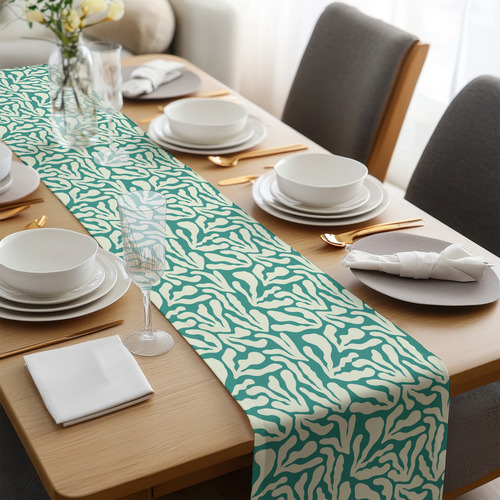 Caminos De Mesa Modernos Botanico Hojas Lino Curri 180x35 Cm Color Lino Curri Blanco Verde