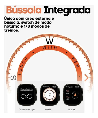 Relógio Smartwatch Gs Wear Gs9 Ultra 49mm Titânio & Silicone Cinza Milanese Laranja Cinza