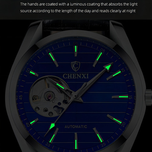 Relógio automático Chenxi Business Luminous Leather, cor de fundo prateada/azul