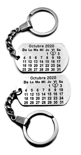 Imagen 2 de 8 de Dos Llaveros Personalizados Calendario Y Texto Acero Inox