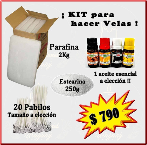 ¡kit! 2k Parafina 1/4k Estearina 20 Pabilos 1 Aceite Esencia