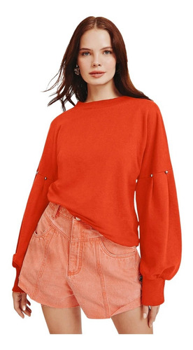 Imagem 1 de 10 de Blusa Moletom Decote Redondo Manga Longa Detalhe Morena Rosa