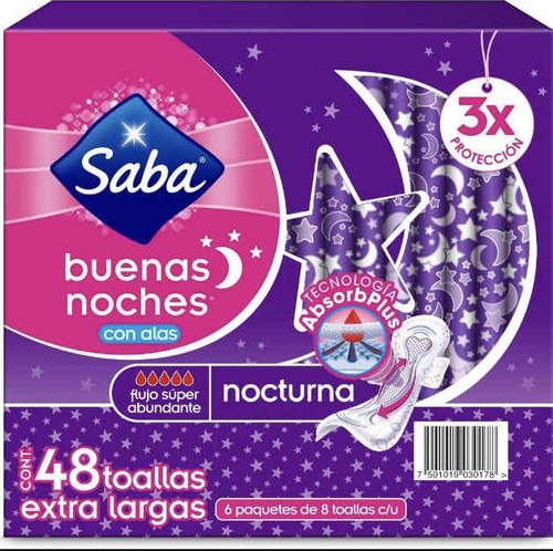 Toallas Femeninas Saba Buenas Noches Nocturna C/alas 48 Pz