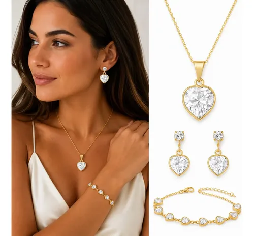 Corrente Feminina + Pulseira + Par De Brincos Folheados A Ouro