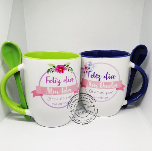 Tazas Interno De Color + Cuchara Regalos Día De Los Abuelos