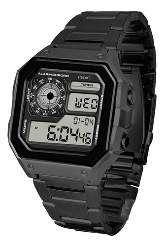 Reloj Digital De Caballero Steiner Con Cronógrafo 3atm Acero Correa Negro Bisel Negro Fondo Negro