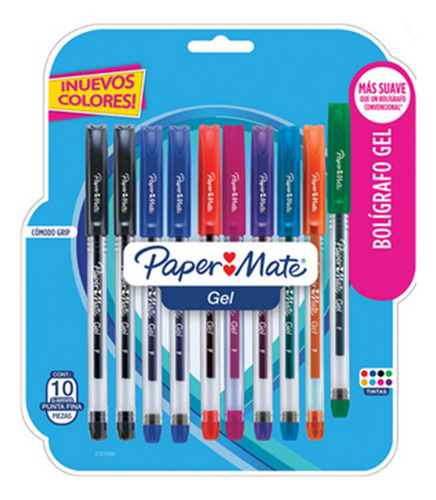 Boligrafos Paper Mate De Gel 10 Piezas Punta Fina De 0.7 Mm