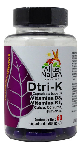 Dtri-k Vitamina D3/k1 60 Cápsulas De 500 Mg C/u Altus Sabor Sin Sabor