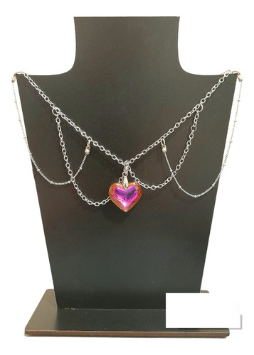 Collar De Cadenas Y Corazón De Acrílico Tornasolado ( C025 )