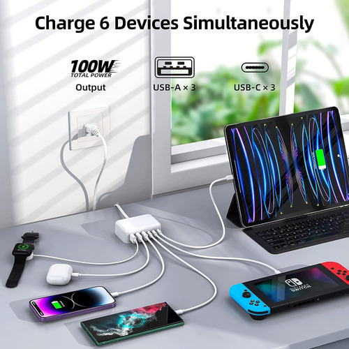 Bloque Cargador Usb C, 100w Gan 6 Puertos Pd Usb C Y Qc ...