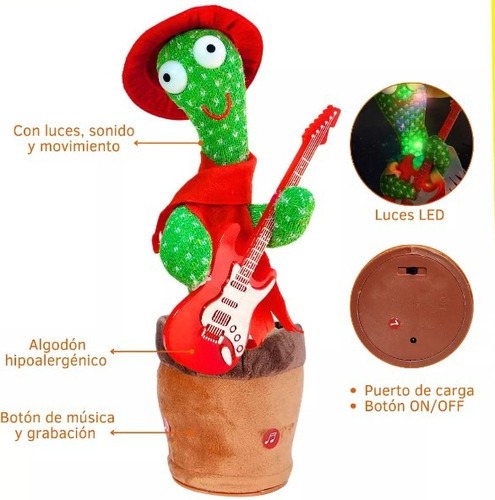 Juguete Cactus Bailarín Con Música Baila Canta Y Repite Voz Gorro Rojo- Guitarra