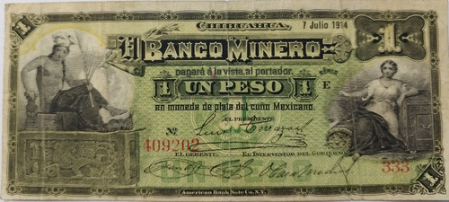 Billete Banco Minero 1 Peso 1914 Buena Condición 