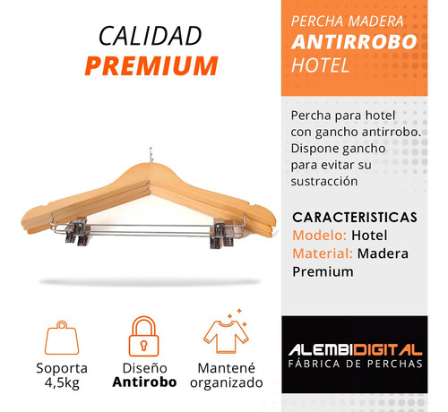 Pack 5 Perchas Antirrobo Lujo Madera Hotel Pantalon Pollera