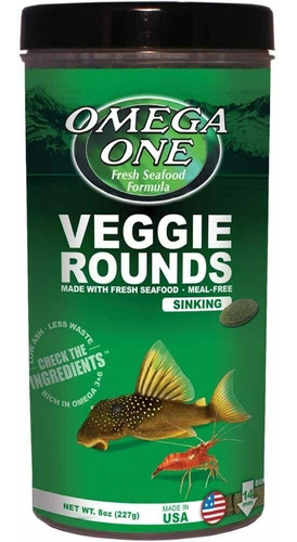 Omega One Veggie Rounds Sinking 227g Alimento para Peces Herbivoros y de Fondo en Pastilla de 14mm A Base De Salmón Algas Marinas Frescas Espirulina Ideal para Plecos Corys Gambas Cuchas y Caracoles