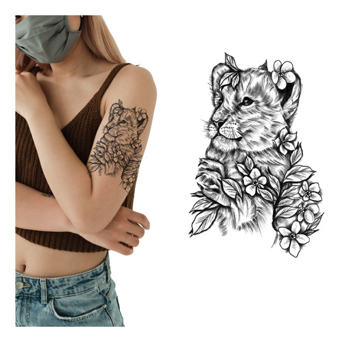 Tatuagem Temporária - Filhote Leoa Flores Delicada - Unissex