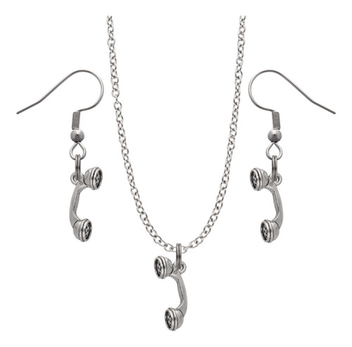 Kit Collar Y Aretes Herramientas Regalo Dije Cadena Acero Plateado Telefono