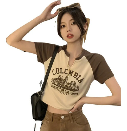 Playera Retro Mujer Cuello V Manga Corta Poliéster