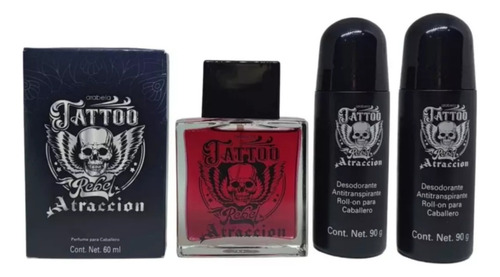 Set Caballero Fragancia Tattoo Rebel Atracción 3 Pzs Arabela