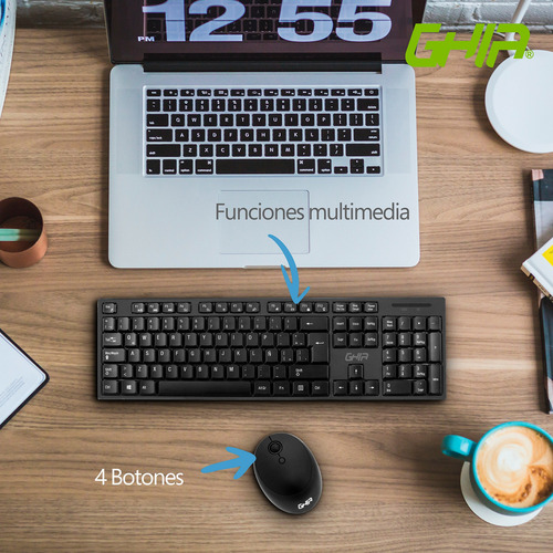 Kit De Teclado Y Mouse Inalámbrico Ghia Receptor Ubs Español Negro Negro