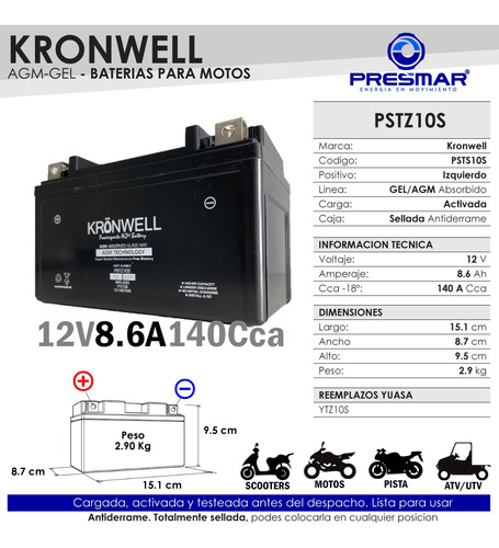 Imagen 2 de 10 de Bateria Kronwell Gel Kymco 200 People Ytz10s