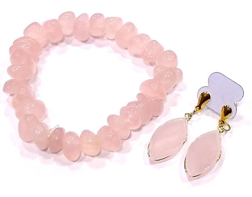 Pulseira + Brincos Quartzo Rosa Pedra Do Brasil Natural F45