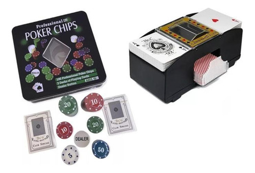 Kit Fichas Poker 100 Pçs Dois Baralhos + Embaralhador Cartas