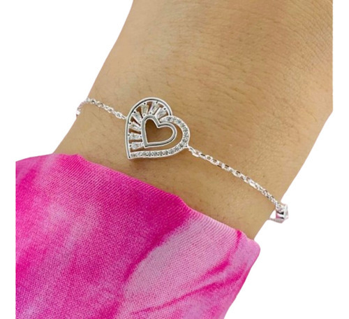 Pulsera Espejado Corazon De Baguettes De Plata 925 Ps 332 