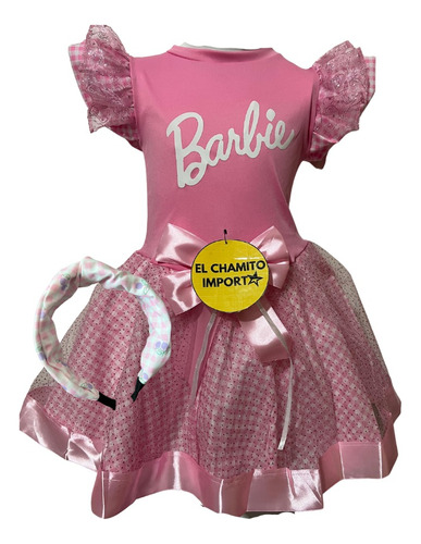 Disfraz Vestido Barbie Rosa Cuadrille + Cintillo Niñas