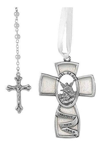 White Guardian Angel Crib Medal & Rosary Set Baby Infant Gir
