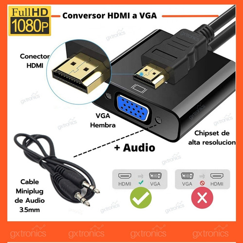 Imagen 2 de 9 de Cable Hdmi A Vga Convertidor Adaptador Pc Tv Monitor + Audio