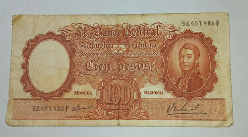 Billete De 100 Pesos Moneda Nacional Argentina Serie F. V.f.