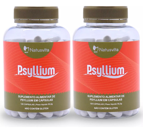 Psyllium Puro. 240 Cápsulas. Kit 02 Frascos Sabor Sem sabor