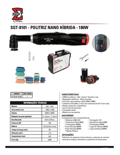 Imagem 3 de 9 de Politriz Nano Híbrida 180w 12 V Detail Automotivo - Sgt 8101