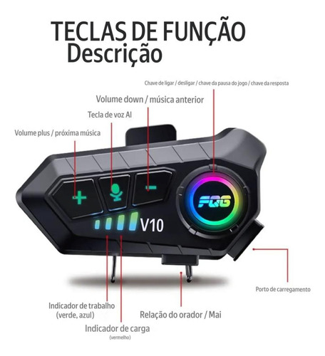 Fone Comunicador para Capacete de Moto Sem Fio V10 com Microfone TSF Parts intercomunicador cor preto