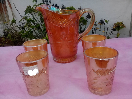 Juego De Jarra Y 4 Vasos Carnival Glass 