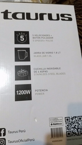 Licuadora Taurus 1200w Jarra 1.8 Lt Vidrio 5v 2 Años Garanti