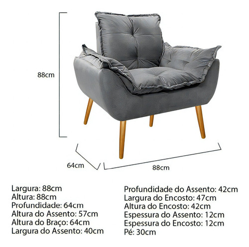 Sillón Gran Opalla, silla con patas abullonadas, palillo de dientes, gamuza gris