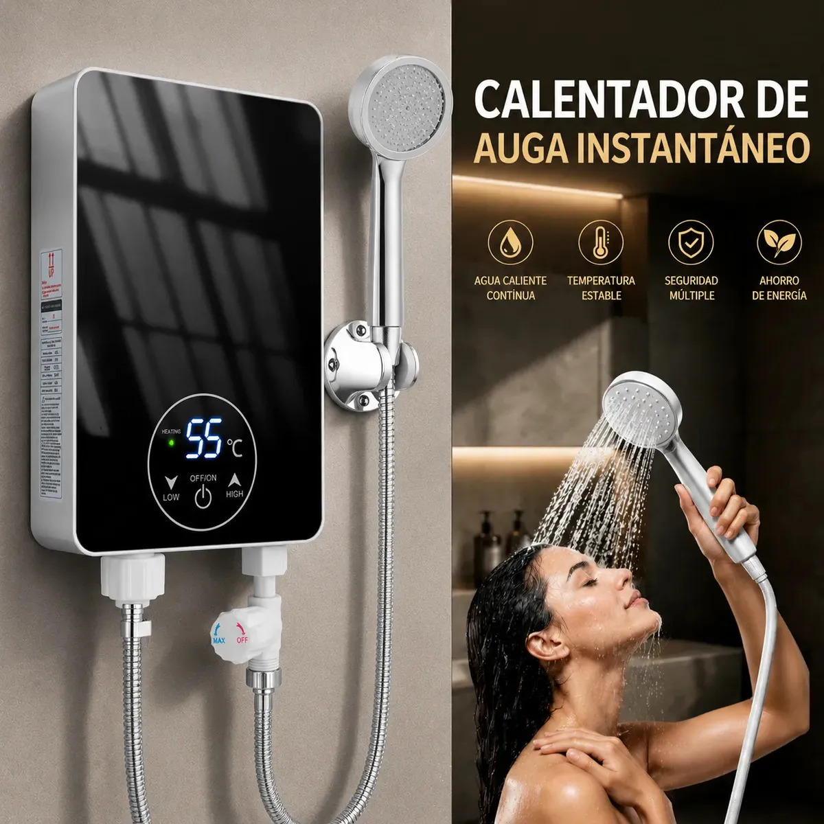 Calentador De Deposito Electrico Instantáneo Boiler De Paso 6500W Calentador De Agua Electrico Para Agua Con Cabezal De Ducha, Pantalla Tactil, Temperatura Constante Y Ajustable, A