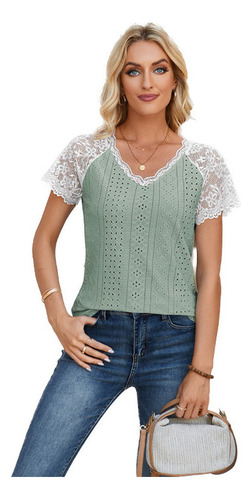 Camiseta Informal Con Cuello En V Y Panel Encaje Con Ojales