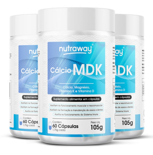 Kit 3 Cálcio Mdk 1,75g Nutraway 60 Cápsulas Sabor Natural