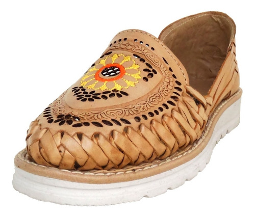 Huarache Artesanal  Grecas Tan Bordado Piel Hecho A Mano