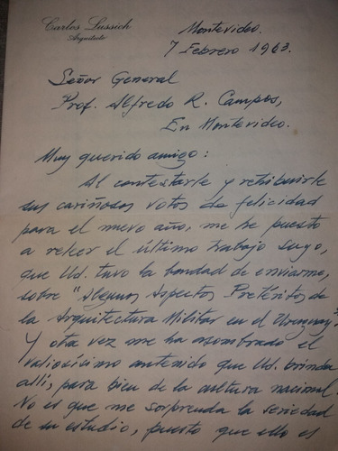 Carta Manuscrita De Carlos Lussich A General A. Campos 1963 