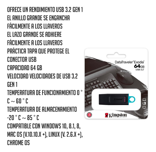 Pendrive Kingston Datatraveler Exodia Dtx/64 64gb 3.2 Gen Co