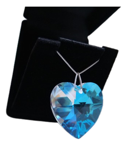 Colar Coração Cristal Swarovski Blue Ab 2,8cm Em Prata 925