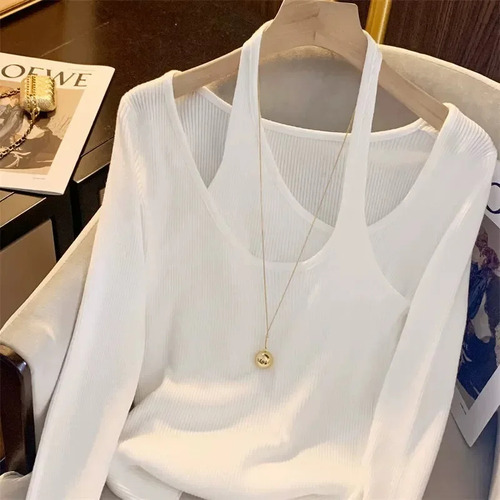 Camiseta De Manga Larga Con Cuello Halter De Dos Piezas De T