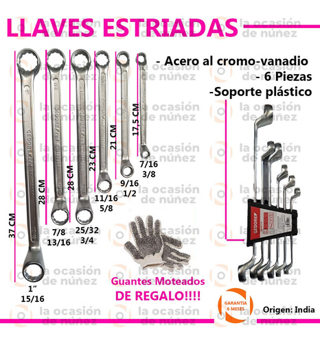Imagen 2 de 7 de Juego Llave Estriada 3/8-1 6 Piezas Acero
