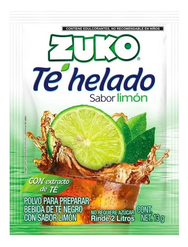 10 Pza Bebida En Polvo Zuko Té Helado Negro Sabor Limón 13 G