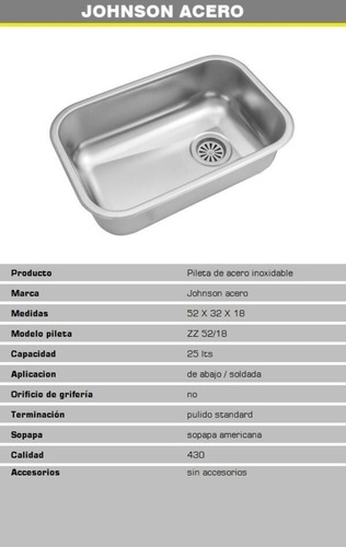 Pileta Bacha Acero Inox. Johnson Zz52/18 Cocina Ca Promo
