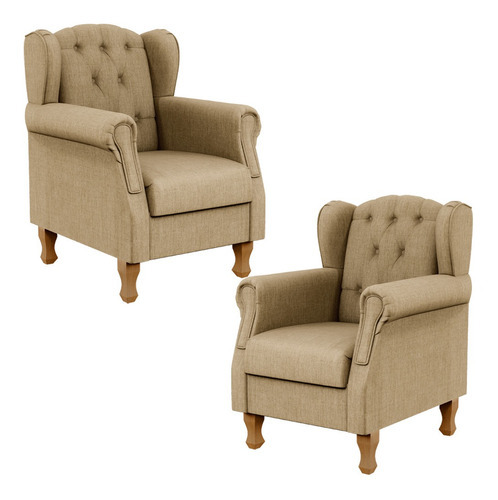 Kit 02 Poltronas Decorativa Para Sala De Estar Yara P02 Linho Bege Escuro